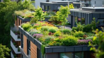 ai généré toit jardins un haut respectueux de la nature bâtiments, promouvoir a faible consommation Urbain vivant photo