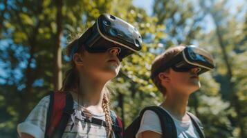 ai généré adolescents explorant virtuel mondes ensemble dans une Publique parc photo