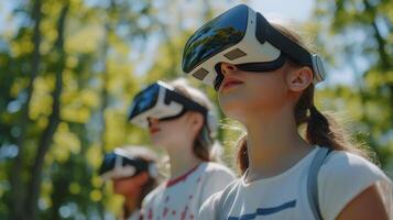 ai généré adolescents explorant virtuel mondes ensemble dans une Publique parc photo