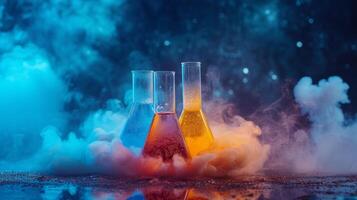 ai généré vibrant produits chimiques réagir dans gobelets, mettant en valeur le dynamique beauté de chimie photo