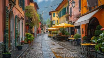 ai généré une charmant européen village, avec pavé des rues photo