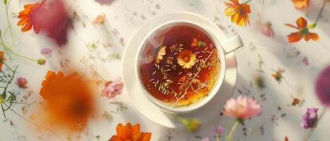 ai généré une tasse de thé et fleurs avec certains herbes flottant autour photo