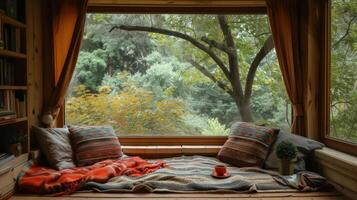 ai généré une confortable en train de lire coin avec couvertures et thé, promouvoir relaxation et réflexion sur soi par Littérature photo