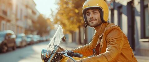 ai généré une homme en portant une casque sur une Jaune moto, dans le style de publicité inspiré, Jaune et Orange photo