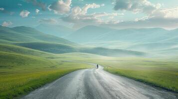 ai généré une minimaliste campagne route, avec une la personne en marchant le long de contre une toile de fond de roulant collines et loin montagnes photo