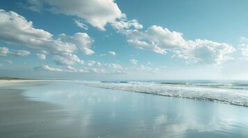 ai généré une serein plage scène, avec blanc sablonneux rivages et Azur des eaux élongation à le horizon photo
