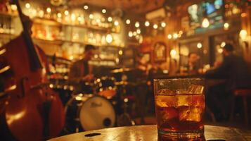 ai généré une vibrant le jazz club scène, avec des lunettes de Bourbon et whisky servi aux côtés de émouvant la musique photo