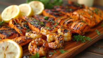 ai généré une en bois portion plat orné avec un tableau de grillé Fruit de mer délices photo