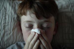 ai généré une Jeune garçon soufflant le sien nez sur une canapé photo
