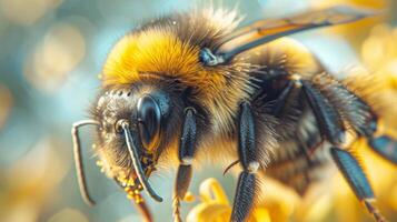 ai généré un extrême fermer de une bourdon collecte pollen, mettant en valeur ses flou corps et translucide ailes photo