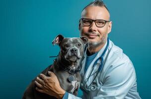 ai généré médecin pose avec une chien dans de face de une bleu Contexte photo