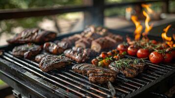 ai généré Feu en haut le gril pour une festin. flammes dansant comme viandes et légumes frappé le grilles photo