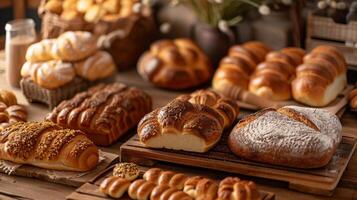 ai généré satisfaire le sens avec rustique boulangerie délices. d'or pains de pain, floconneux des pâtisseries photo