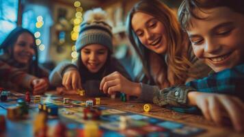 ai généré ensemble le étape pour une animé famille Jeu nuit. une confortable table orné avec une variété de planche Jeux photo