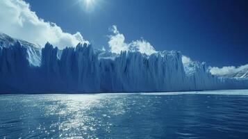 ai généré le majestueux beauté de une glacier, avec imposant la glace des murs et chatoyant bleu crevasses sculpté photo