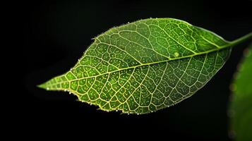 ai généré le translucidité de une feuille de veines, une réseau de élément vital gravée dans vert photo