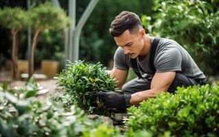 ai généré une homme prise se soucier de verdure et arbustes photo