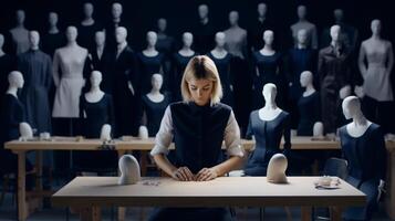 ai généré une femme dans noir chemisier est séance à une bureau avec mannequins sur le mur photo