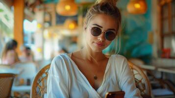 ai généré une Jeune magnifique femme avec sa cheveux lié dans une queue de cheval et portant des lunettes de soleil est assis dans une village café photo