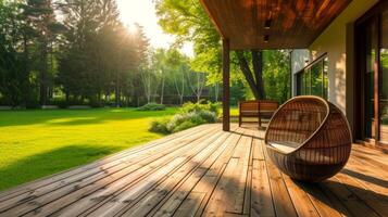 ai généré une en bois terrasse surplombant une Matin jardin vue photo