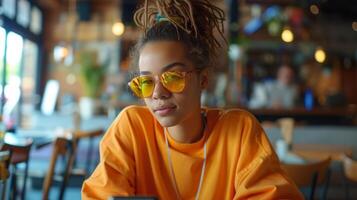 ai généré une Jeune magnifique femme avec sa cheveux lié dans une queue de cheval et portant des lunettes de soleil est assis dans une village café photo