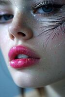 ai généré magnifique Jeune femme fermer portrait avec brillant rose lèvres longue noir cils et briller sur sa affronter. photo