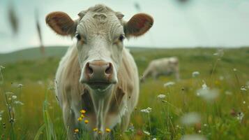 ai généré vaches pâturer sur un alpin vert Prairie photo