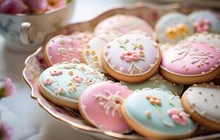 ai généré Pâques biscuits et décorations décorer Pâques biscuits. photo