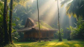 ai généré centre commercial rustique cabane dans le tropical forêt dans bali avec. photo