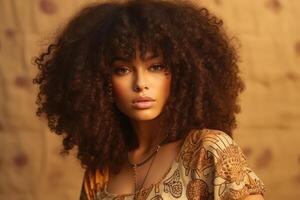 ai généré beauté portrait de africain américain fille avec Naturel se maquiller. photo