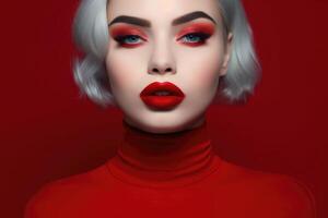 ai généré beauté portrait de une Jeune femme avec rouge se maquiller. photo