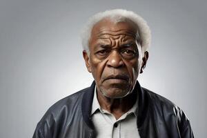 ai généré studio portrait de une l'air grincheux Sénior noir homme avec gris cheveux à la recherche à le caméra. photo