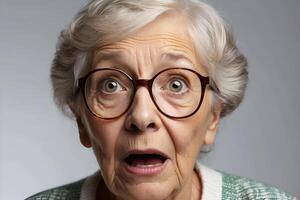 ai généré une mature plus âgée femme portant des lunettes avec une surpris expression sur sa affronter. publicité image. photo