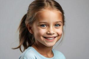 ai généré studio portrait de une souriant Jeune fille avec bleu yeux et blond cheveux. isolé sur une plaine Contexte. photo