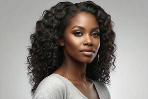 ai généré portrait de une sur de soi Afro-américain femme avec frisé longue cheveux. studio la photographie. soin de la peau et beauté publicité image. photo