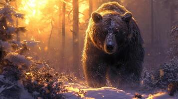 ai généré marron ours avec foncé fourrure des stands dans une neigeux ensoleillé journée forêt dans sibérien neigeux Contexte. photo