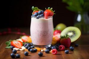 ai généré fruit yaourt smoothie avec Frais baies dans une verre photo