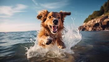 ai généré content chien fonctionnement avec une lot de éclabousser sur une sablonneux été plage. photo