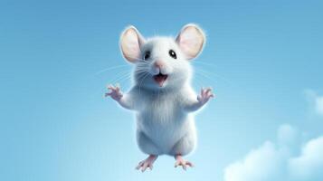 ai généré en volant mignonne peu Souris personnage sur bleu ciel Contexte. photo