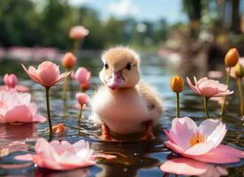 ai généré peu caneton nager dans une Lac avec rose l'eau fleurs de lys. photo
