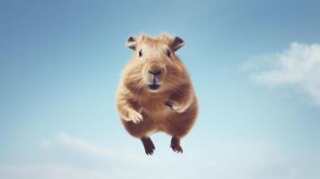 ai généré en volant mignonne capybara personnage sur bleu ciel Contexte. photo