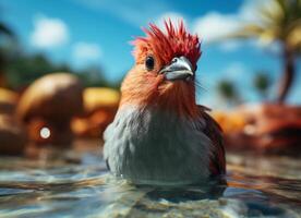 ai généré rouge à tête cardinal oiseau sur le rive de le méditerranéen mer photo