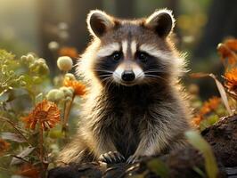 portrait de une raton laveur dans le l'automne forêt. photo