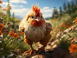 ai généré poulet dans le Prairie sur une Contexte de fleurs sauvages photo