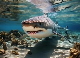 ai généré requin nage dans le mer avec éclaboussures de l'eau. photo