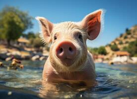 ai généré mignonne porc nager dans tropical mer, été vacances concept. photo