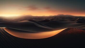 ai généré désert dunes à le coucher du soleil la nature paysage photo