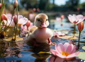 ai généré peu caneton nager dans une Lac avec rose l'eau fleurs de lys. photo