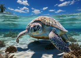 ai généré en volant mignonne peu tortue personnage sur bleu ciel Contexte. photo