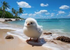 ai généré mignonne peu blanc poussin sur le plage avec paume des arbres dans le Contexte photo